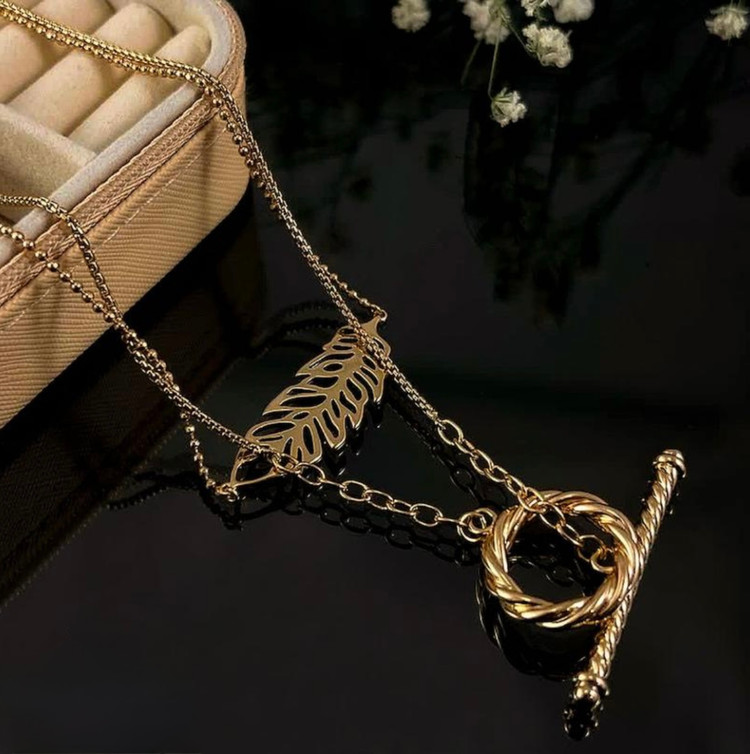 گردنبند دو لاین ژوپینگ مدل برگ و حلقه